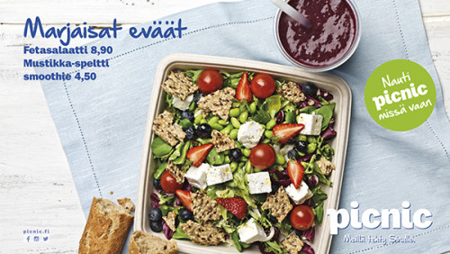 Marjainen fetasalaatti 8,90 € ja Mustikka-speltti smoothie 4,50 €